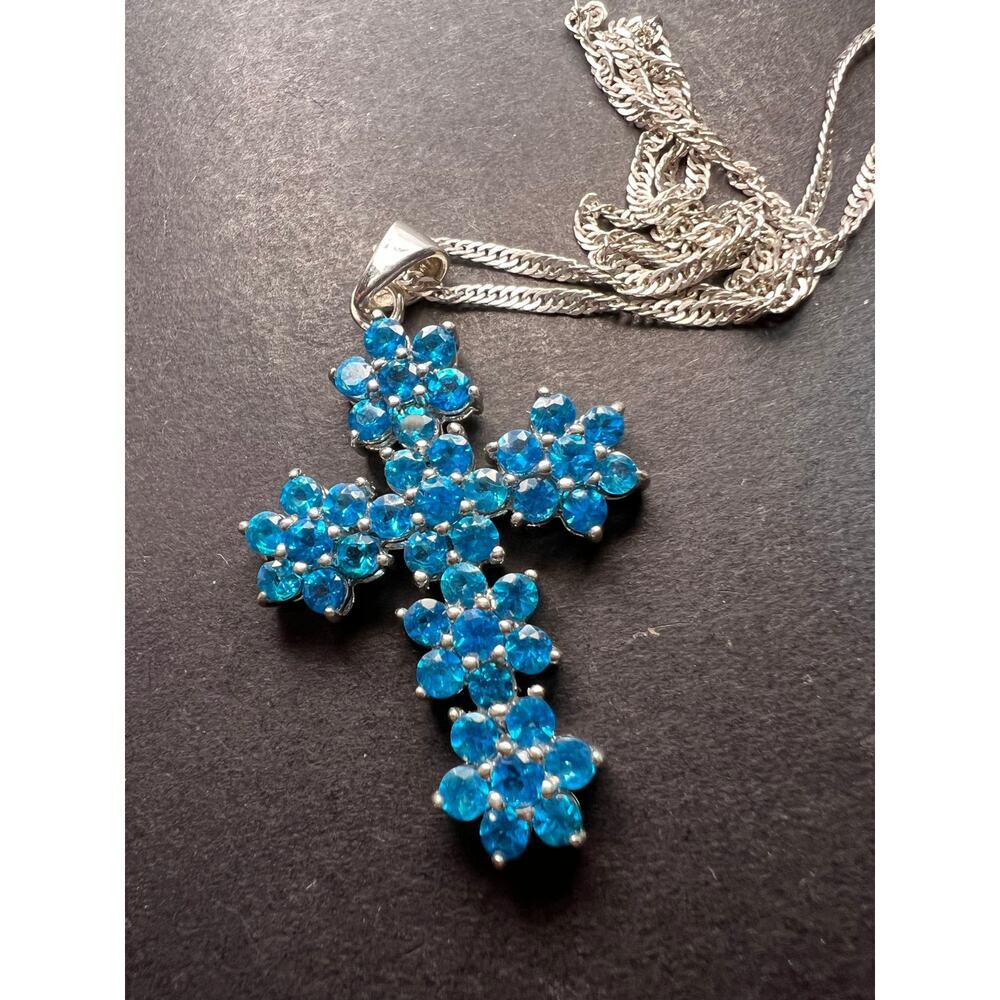 Neon Blue Apatite Rhodium Over Sterling Silver Cross Pendant With Chain 3.25ctw - Picture 11 of 16